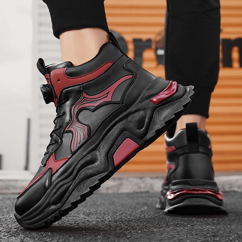 Leather High Top Sports Shoes Men's Autumn Winter New Style Student Color Block Trend Thick Bottom Heightening Dad Casual Shoes