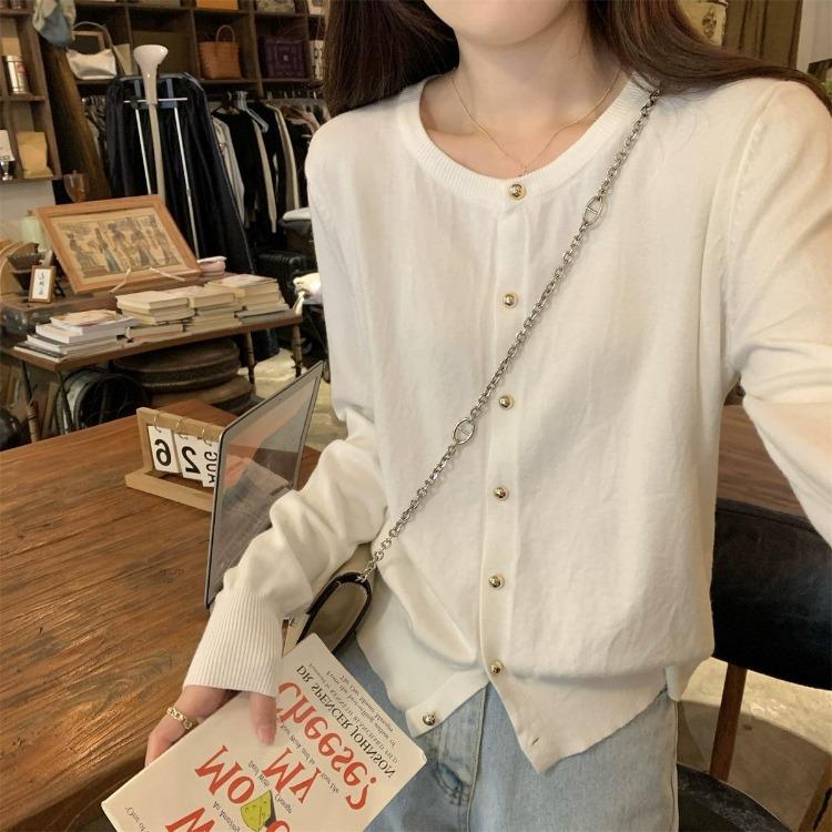 Herbst Koreanischer Stil Rundhals Cardigan Einreihiger Knopf Gestricktes Oberteil Weicher Wachsiger Schlankmachender Mantel für Damen