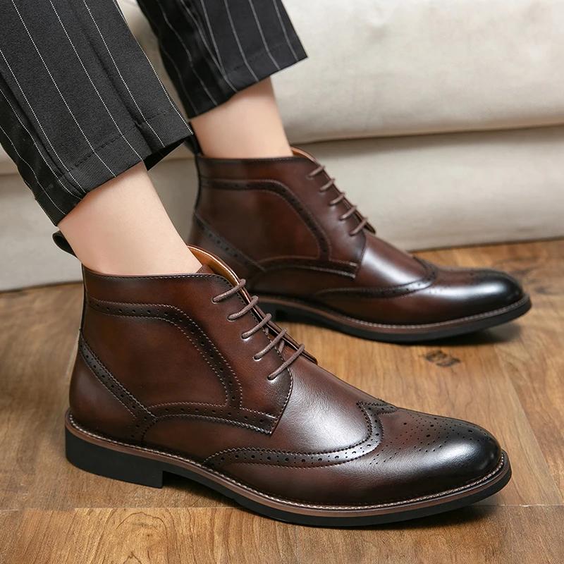 Fashion Italian Style Men's High Top Brogue Shoes Trend Design Men's Workwear Shoes Winter New Ankle Boots Lace Up Pointed Style