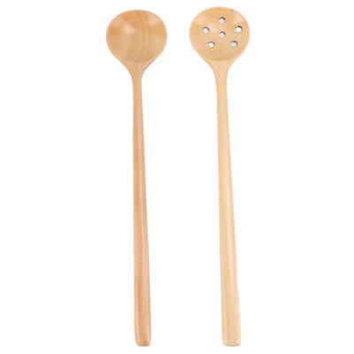 2 Pcs Wooden Spoon Japanese Style Small Thin Long Handle Round Mouth Beech Wood Spoon for Stirring