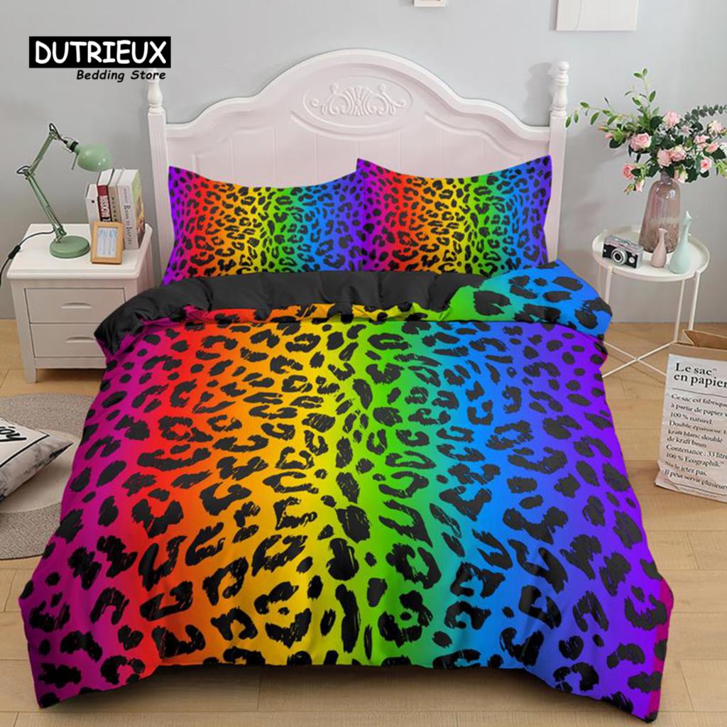 Colorful Leopard Print Bedding Set Microfiber Animal Skin Pattern Print Duvet Cover For Teens Adults Pillowcases Bedroom Decor