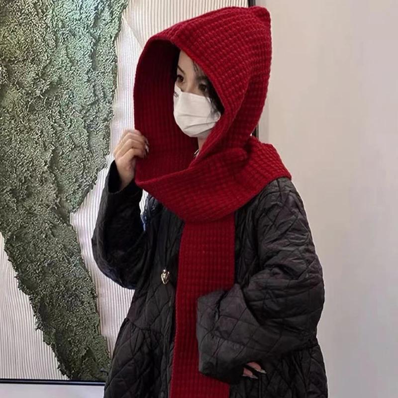 

Модна балаклава, шарф, шапка, зимова тепла шапка-вушанка для жінок, дівчаток, потовщена шия, навушники, шапочки, шарф з капюшоном для відпочинку на природі вина червоного кольору