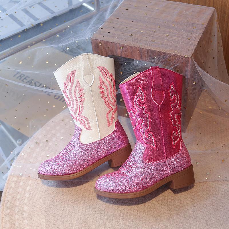 Botas para Niña Botas de Nieve para Niños Pequeños Caña Media Brillo Botas Vaqueras Estilo Western Otoño Niños Mayores Niñas para Montar Botas Talla 27-36 Zapatos para Niños