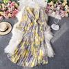 Autumn V-neck Flared Sleeves High Waist Thin Floral Dress Super Fairy Mori Waist Thin Pendulum Long Skirt