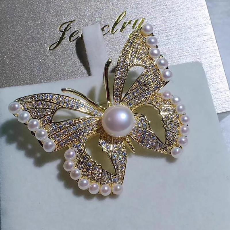 Sparkling Diamond Butterfly Pearl Brooch Elegant Corsage Pendant Pin  Accessories