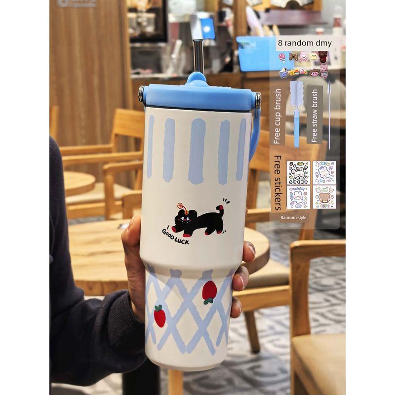 Large-Capacity Thermos Cup for Girls, Good-Looking Design with Handle, 2024 New Model, Straw Water Cup, Portable Dual-Drink Cup for Students
