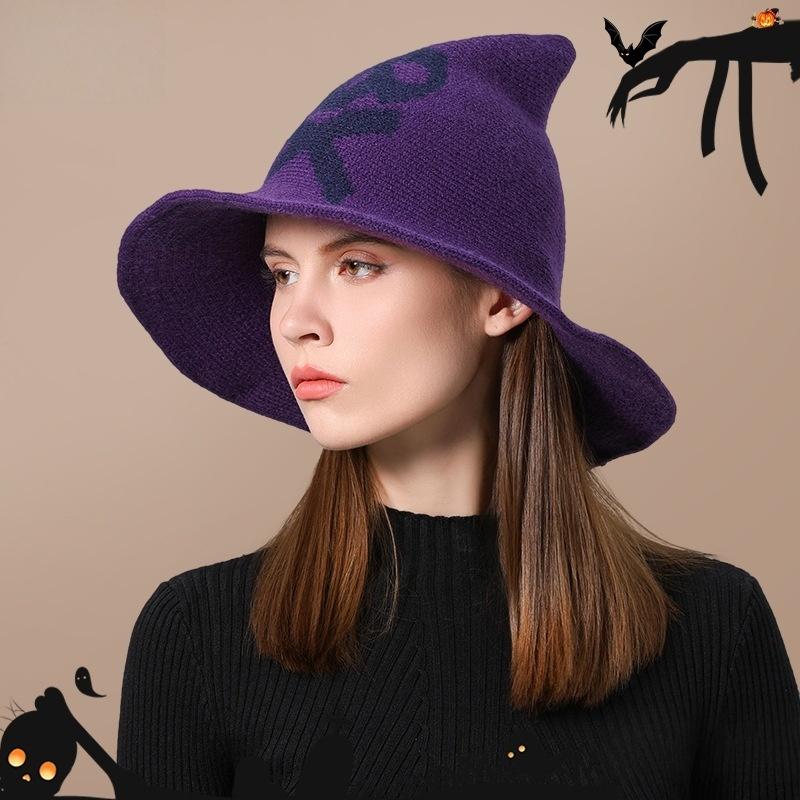 

Gothic Spooky Witch Hat Women Knitted Wide Brim Skull Pattern Pointed Hat for Halloween Cosplay Punk Theme Party Holiday Dress U 55-60 фіолетовий