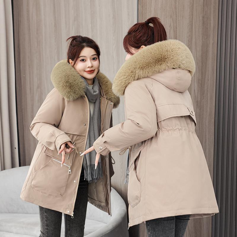 Women's new mid-length fur collar hooded cold lightweight thickened padded warm loose high quality fabric casual sports cotton clothing