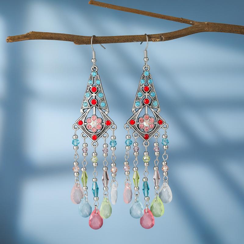 Bohemian Ethnic Multilayer Water Drop Long Tassel Earrings For Women Beads Crystal Handmade Elegant Wedding Boho Female Zircon