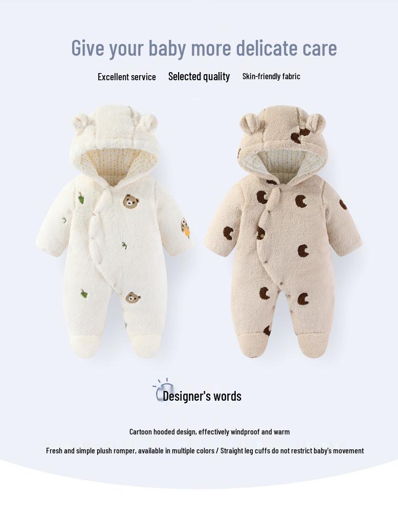 Fleece-Lined Quilted Baby Jumpsuit for Autumn & Winter - 300g Cotton, Hooded Outerwear