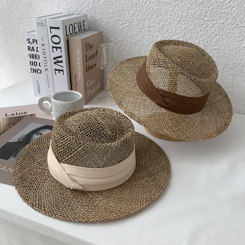 New wind beach travel holiday straw hat concave shape travel engraved handmade seaweed visor for men and women