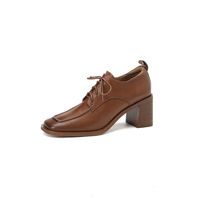 Fashion Mature Dress Women Pumps Fashion Office Ladies Thick Heels Square Toe Genuine Leather Lace-Up Shoes Woman 2025 New Spring Autumn