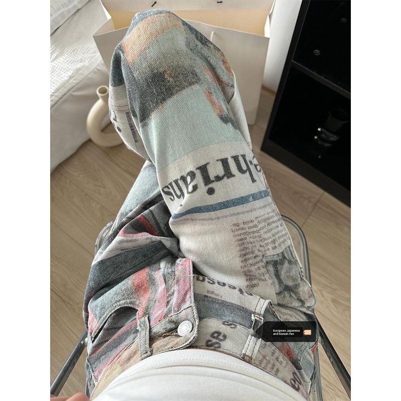 

Большой размер Американский уличный принт Газета Деним Женские Летние С высокой талией Стройнящие и Прямые Свободные Широкие брюки-швабры Picture Color XL [Suggested 60.00 kg-67.50 kg]]