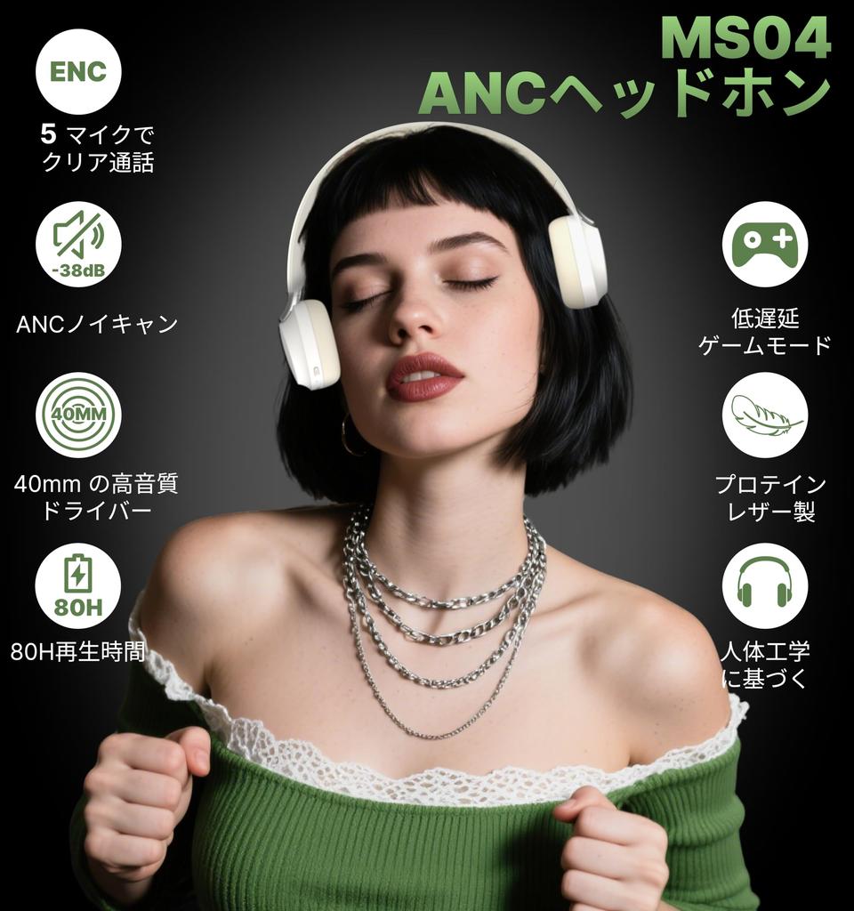Hmusic Bluetooth Headphones with Japanese Voice Up To 80 Hours Wireless Audio Compatible 4 ANC Noise Cancellation ENC 40ms Low Latency Gaming Sound