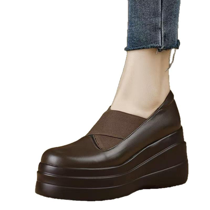 Not tired feet single shoes 2025 comfortable wedge heel loafers autumn versatile wedge heel small leather shoes high heel casual shoes