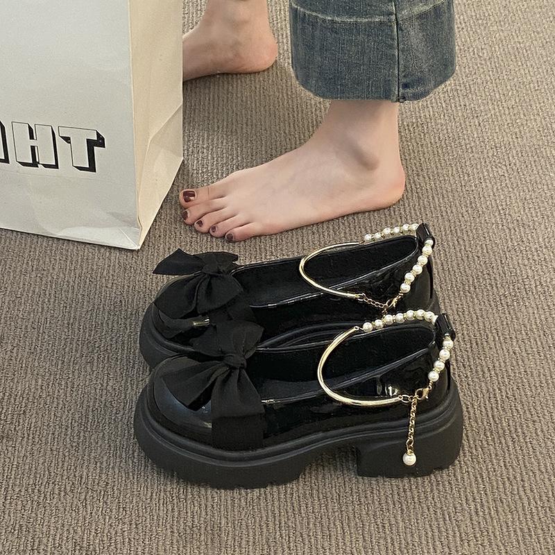 High-heeled Mary Jane small leather shoes girl 2025 autumn new fairy style bow thick-soled thick-heeled pearl with skirt