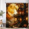 Haunted House Halloween Shower Curtain Full Moon Night Graveyard Pumpkin Lantern Gothic Castle Bathroom Decor Retro Bath Curtain