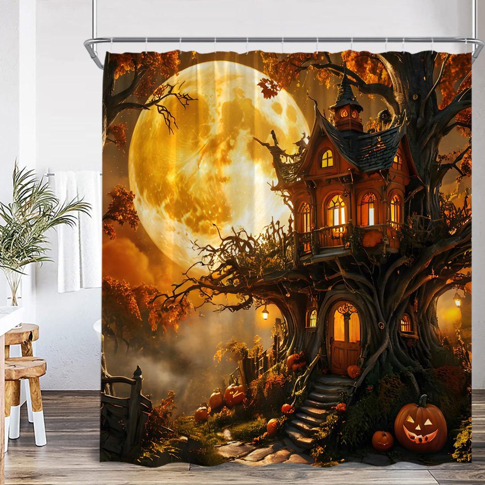 Haunted House Halloween Shower Curtain Full Moon Night Graveyard Pumpkin Lantern Gothic Castle Bathroom Decor Retro Bath Curtain