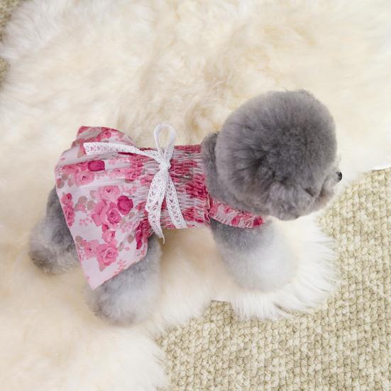 Dog Princess Dress with Floral Pattern Ruffle Sleeveless Puppy Summer Dress with Lace Bow Elastic Breathable Pet Clothes for Small Dogs Cats