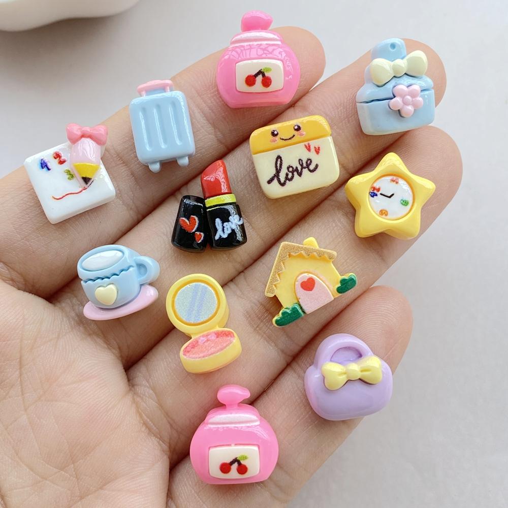 

30Pcs Cute Cartoon Mini Lipstick, Mirror, Suitcase, Alarm Clock Nail Art Resin Designer Charms DIY Craft For Nail 3D Decorations