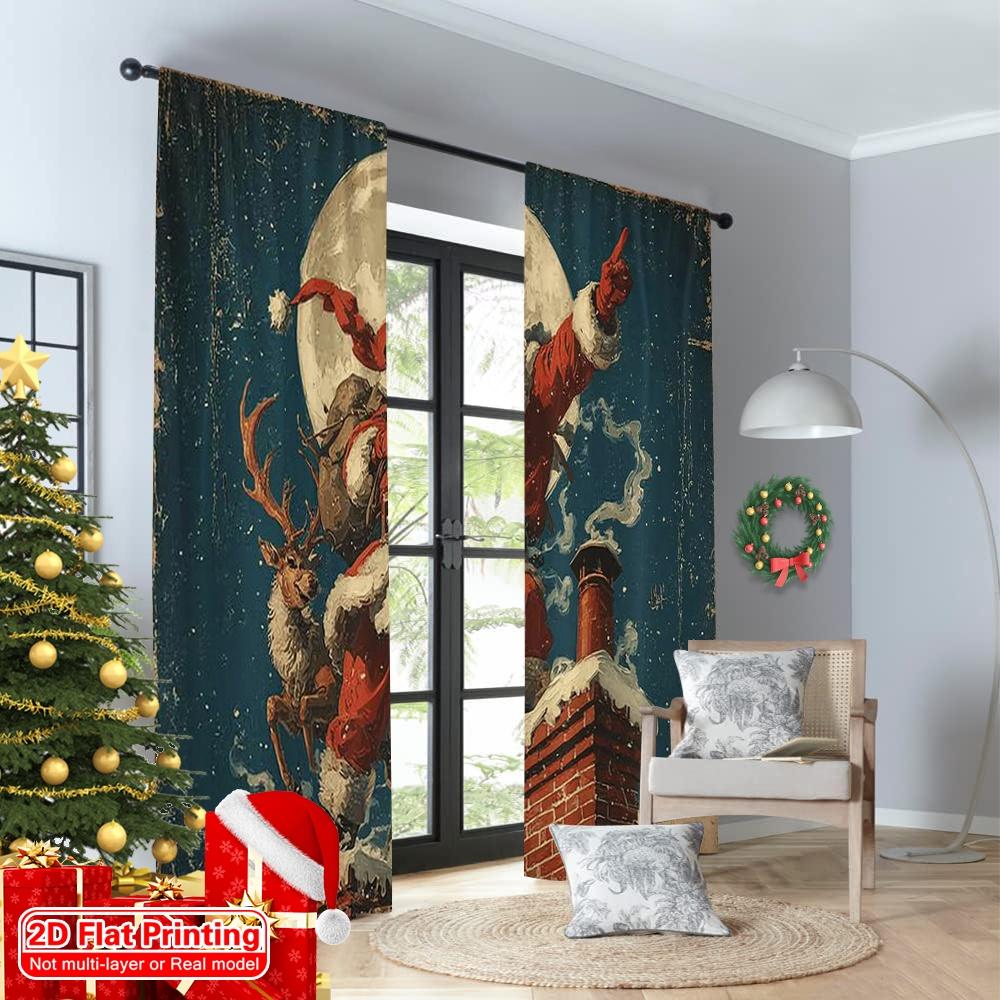 2pcs 2D flat printing Merry Christmas Window Curtains Santa Claus Fabric Without Electricity Festive Holiday Perfect for Living