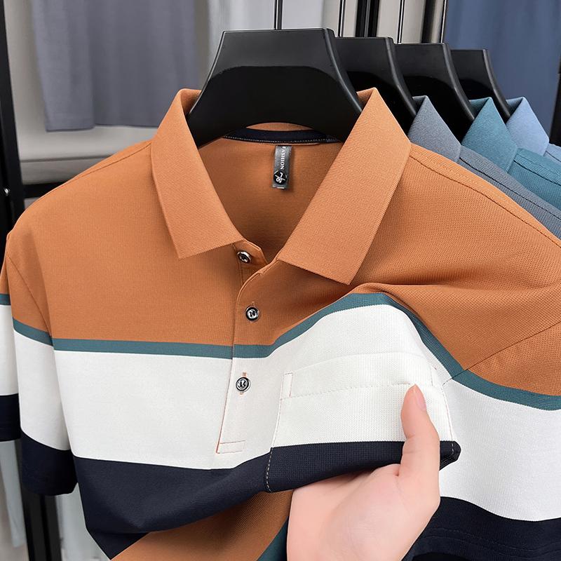 Pure Cotton Wide Stripe Color Blocked Short Sleeve Polo Shirt Fashion Men Comfortable Pocket Summer Breathable New T-shirt
