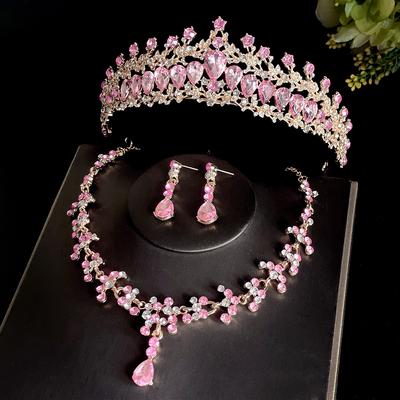 Pink Bridal Crown Three Piece Suit Wedding Crown Tiara Necklace Earrings Korean Super Fairy Wedding Dress Accessories