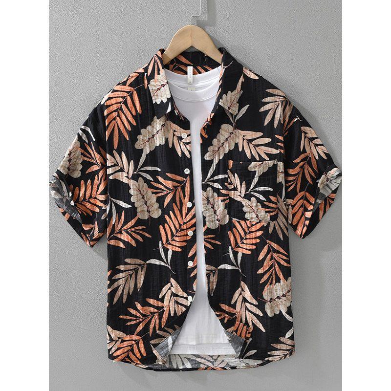 Summer Sun Protection Ice Silk Linen Short-Sleeved Shirt Men's Casual Hawaiian Print Cotton and Linen Shirt Quick-Drying and Lightweight