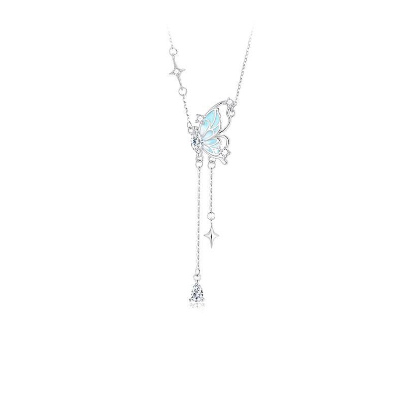 S925 Sterling Silber Schmetterling Fee Anhänger Halskette für Damen - Leuchtender Emaille Quasten Schlüsselbein Kette, Perfekt für ein Romantisches Geschenk.