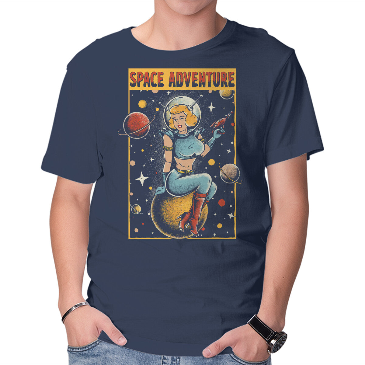 Unisex Crew Neck T-Shirt Space Adventure Graphic Short Sleeve Casual Tee L