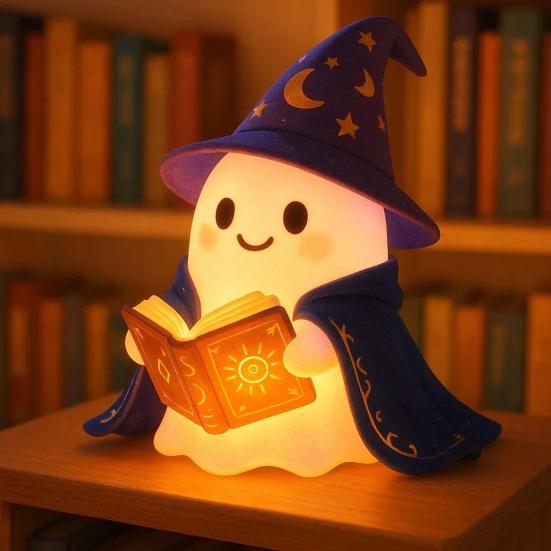 1/2ks Okouzlující kouzelník duch noční světlo Halloween čtení knihy duch LED lampa domácí ložnice dětský pokoj dekorace dárek pro milovníky knih