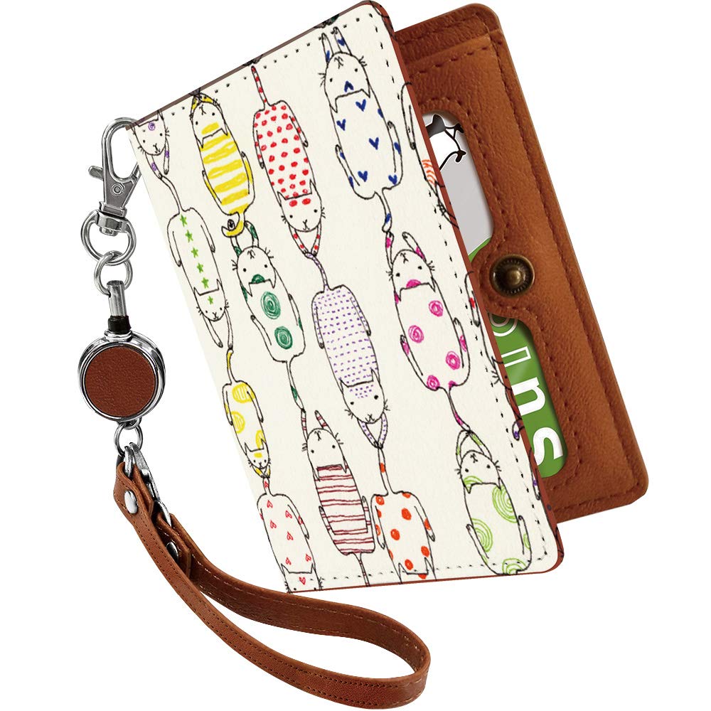 

[Pretimo] Pass Case with Reel, Cute Cat and Mysterious Pattern, Hand-Drawn Illustration, Animal Print, Bifold, See-Through, Stylish, Women s, Cat