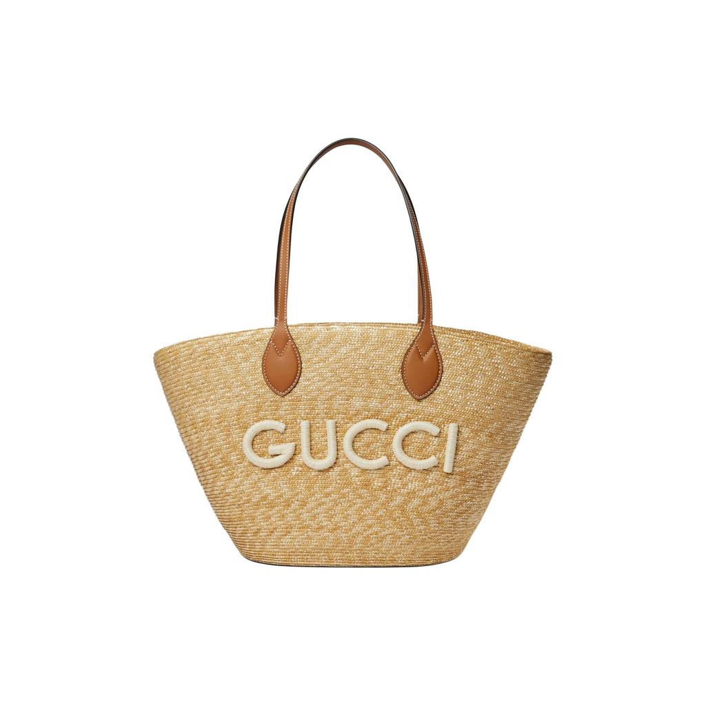 Gucci Woven Straw Tote Bag Leather Trim Large Capacity Beach Handbag 779530-9AAE9-9541