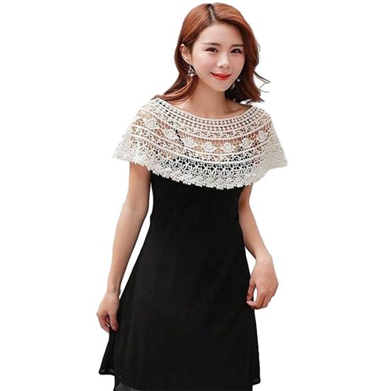 Dames Sjaal Ronde Hals Borduurwerk Kant Bloemen Pullover Sjaal Effen Kleur Hol Ontwerp Zacht Textuur Zomer Sjaal
