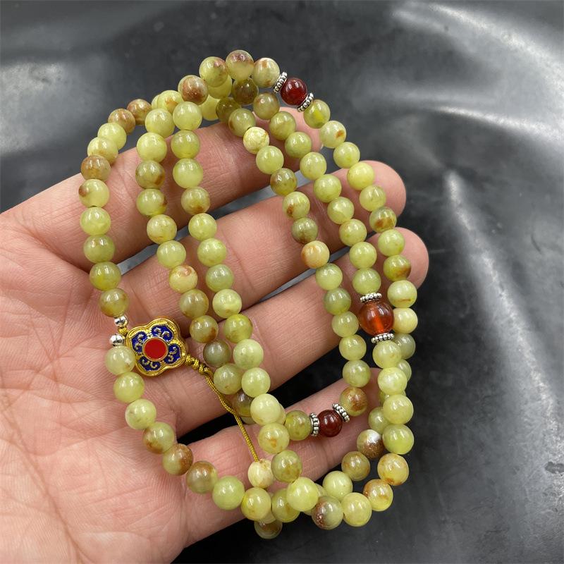 Xiuyan Jade Bead Bracelet: 108 Natural Saffron Jade Beads Buddhist Prayer Sweater Chain
