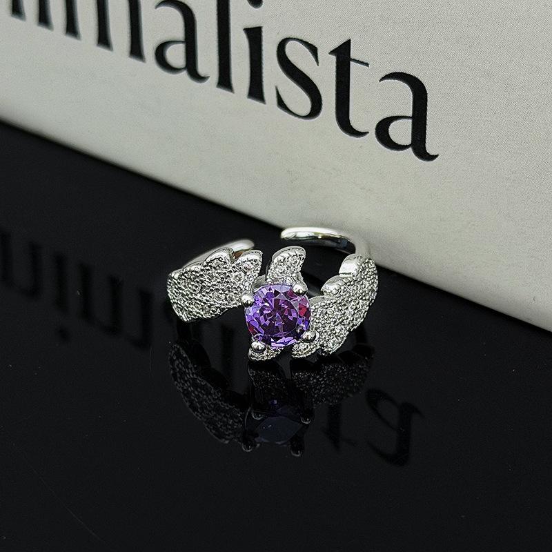 Atmospheric Luxury Colored Treasure Wings Flower Bow With Diamond Opening Ring Niche Stacked Ring Woman