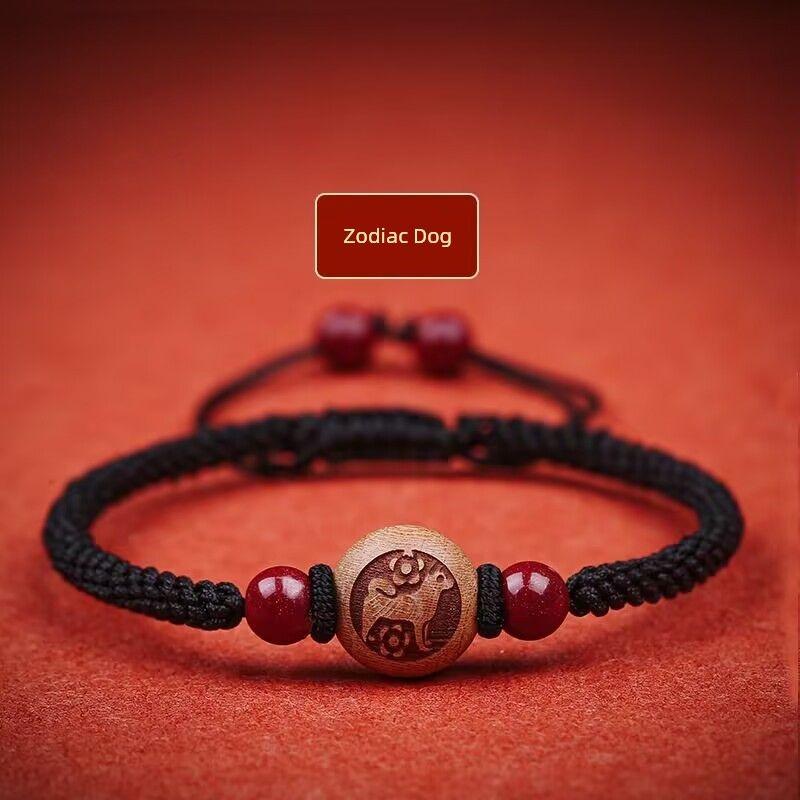 Peachwood Zodiac Red Rope Bracelet Men's Lucky Beads Woven Hand Strap Girls Kids Natural Cinnabar Bracelet Snake