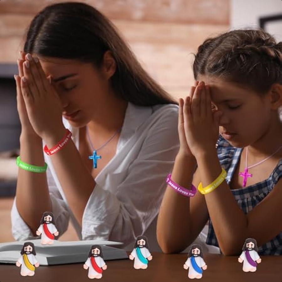 

Barydat 75 шт. Набор игрушек Иисуса 25 мини-фигурок Иисуса, фигурки маленького Иисуса, 25 силиконовых браслетов «Иисус любит тебя», 25 религиозных United States