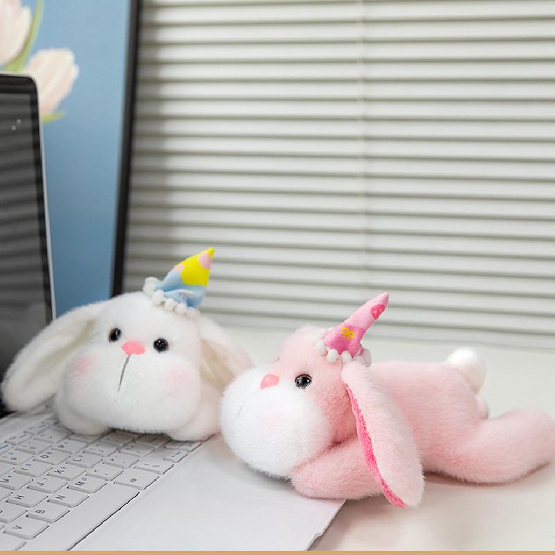 Birthday Hat Cute Prone Posture Rabbit Plush Doll Toy For Desktop Decoration