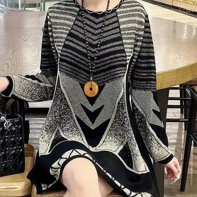 Autumn Winter Casual Geometric Fashion Bright Silk Sweaters Long Sleeve Female Clothing Round Neck Korean Midi Knitted Jumpers