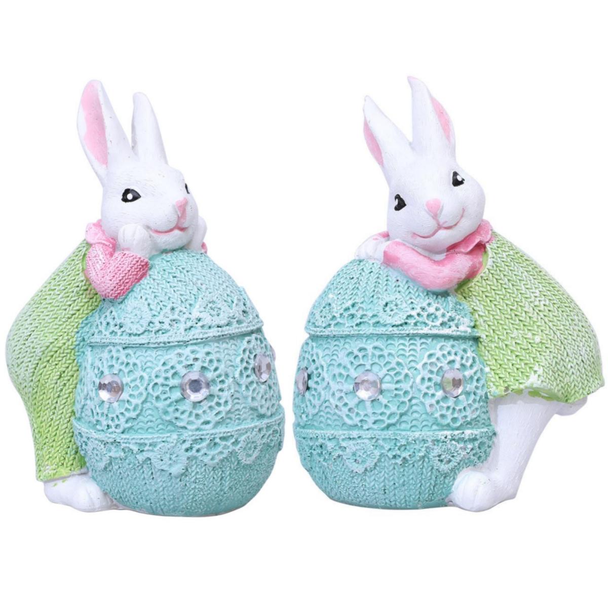 Holiday Tabletop Decor Easter Bunny Statues Adorable Expressions Intricate Details 12X8X6CM For Easter Celebrations синий