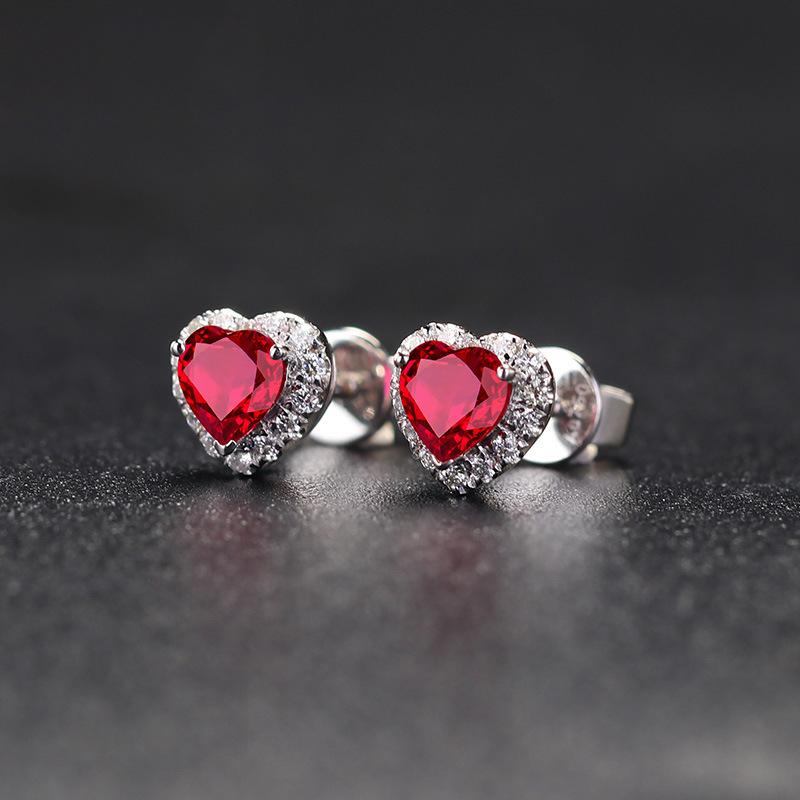 BELLA BOX New Korean Version Sweet Heart-shaped Ruby Earrings Female Temperament Love Color Treasure Earrings For Her Girlfriend's Birthday Gift