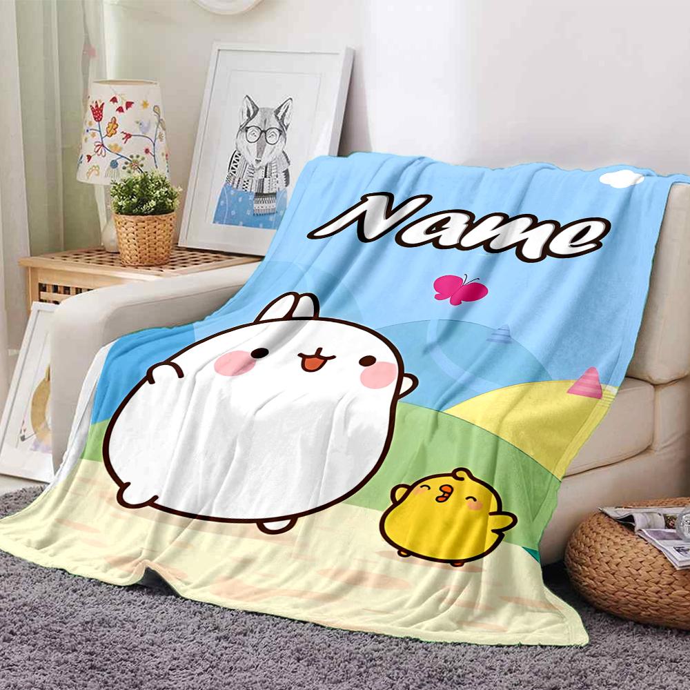 Customiz Name Personality Molang Blanket Soft &Warm Sofa Office Bed Travel Lunch Break Blanket, Gift Suitable All Seasons
