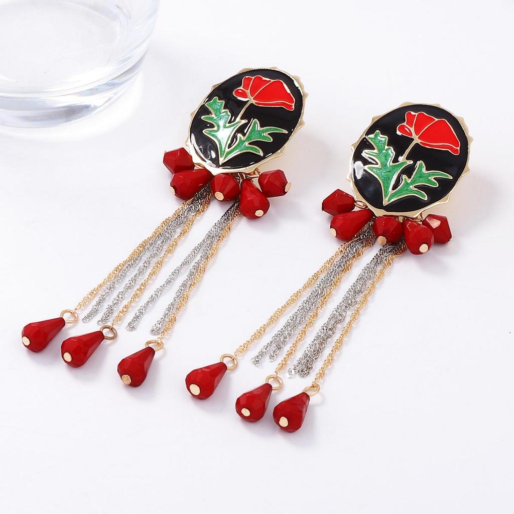 Literary retro exquisite creative design sense alloy dripping oil flower fringe geometric water drop pendant earrings