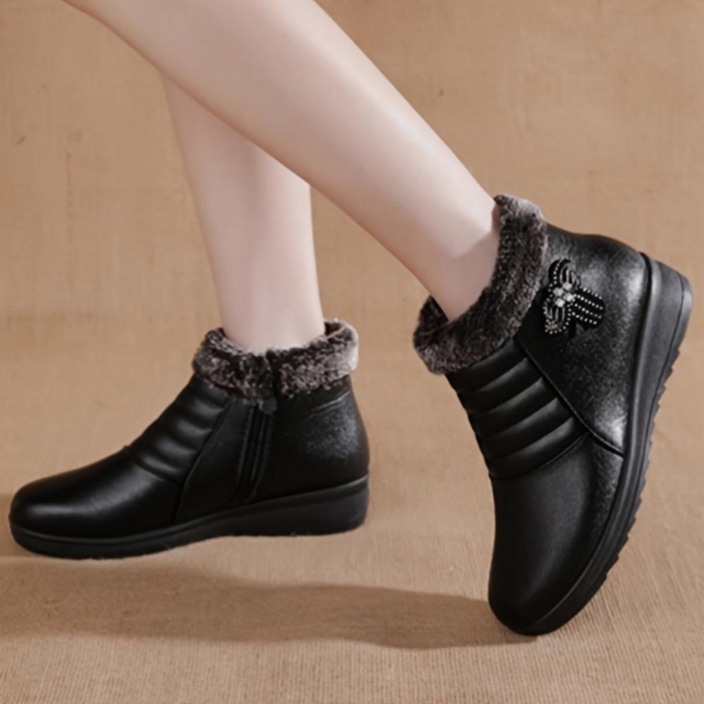 Women's Winter Warm Plush Short Boots, Anti Slip Soft Bottom Side Zipper Design, Red Bow Details, Minimalist Style | Winter Casual Boots