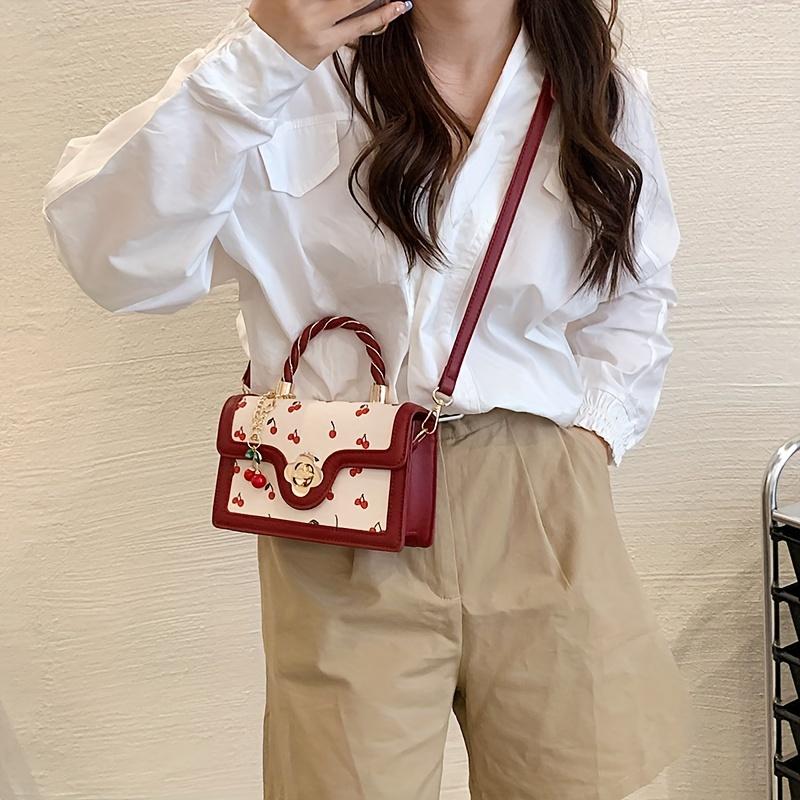 Cherry Print Handbag for Women, Sweet Mini Crossbody Bag, Stylish Flower Lock Shoulder Bag Square Purse
