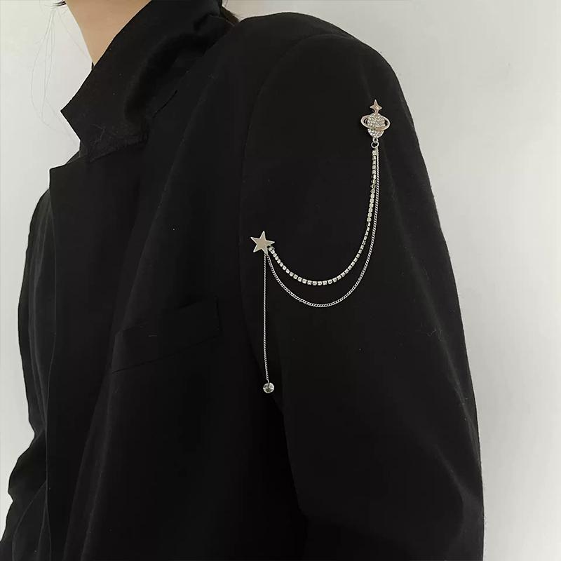Chain Tassel Planet Suit Pin Brooch Single-Stitched Corsage Mourning Brooch