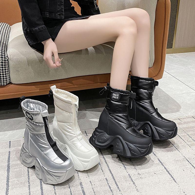 Winter Women's Fur Snow Boots Keep Warm Chunky Short Boots Outdoor Plush Mid-calf Shoes 10CM Platform Anti-skid Leather Sneakers