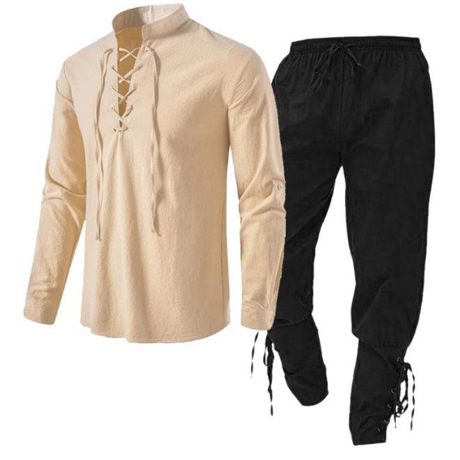 2-teiliges Herren-Kostümset für mittelalterliche Ritter, Renaissance, Cosplay, Piratenhemden, Knöchelbandhosen für Halloween, Baumwoll-Leinenstoff M beige