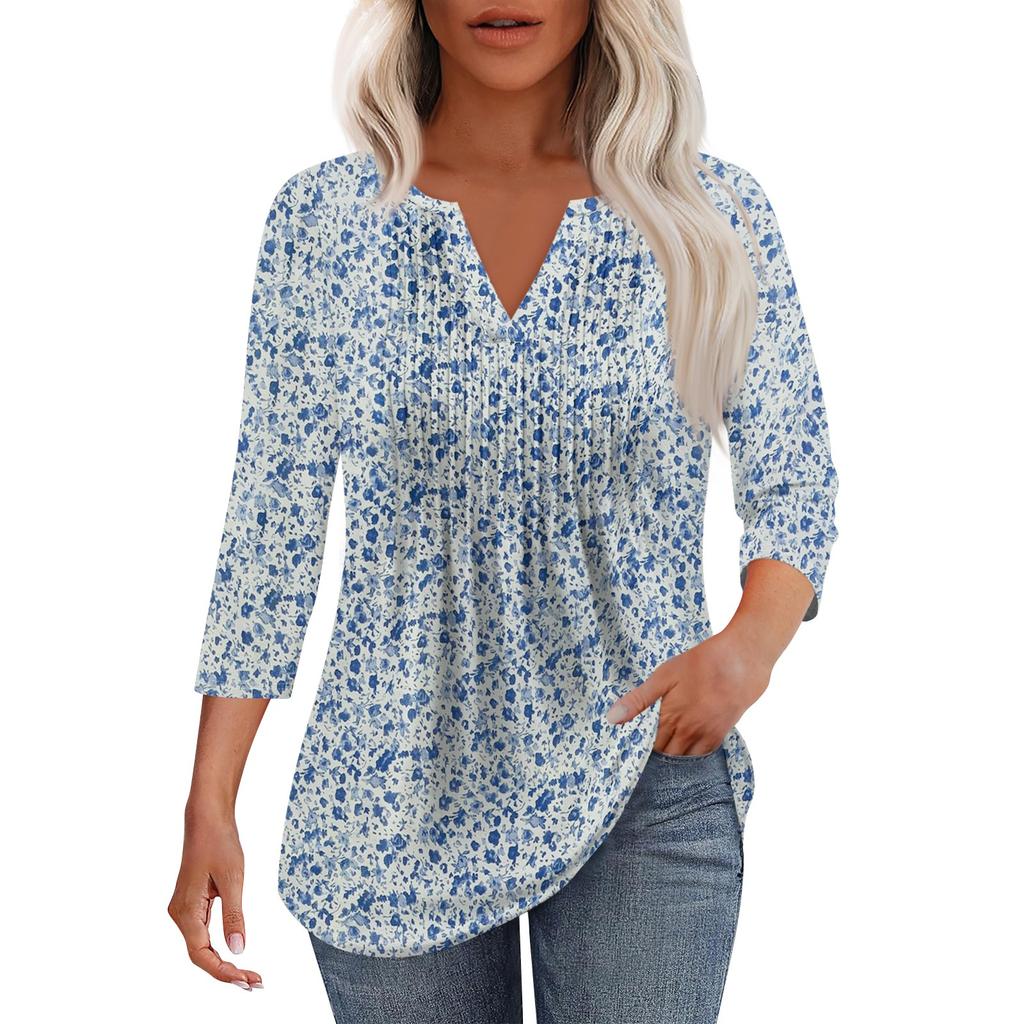 Modisches, lässiges T-Shirt mit plissiertem V-Ausschnitt und einfarbigen Siebenviertelärmeln für Damen